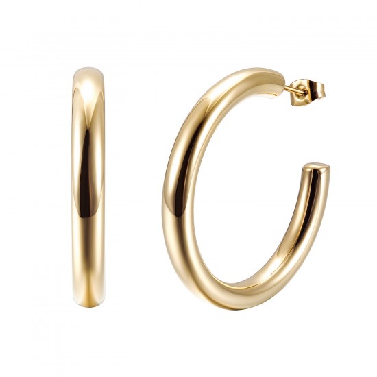 Stainless Steel Classic Large Thick Plain Gold Plated Hoop Earrings