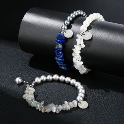 JD GEMS Handmade Men Women Stretchy Beads Bangle Natural Stone Beads Gravel Shell Beads Stainless Steel Bracelet