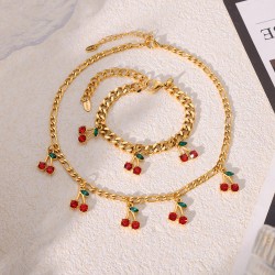 Hot selling exquisite jewelry set 18K gold-plated stainless steel red cherry zircon necklace bracelet set