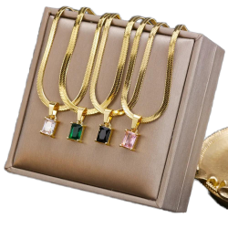 Hot Selling Women Girls Stainless Steel Flat Snake Chain Zircon Stone Charm Jewelry Necklace 18 K Gold